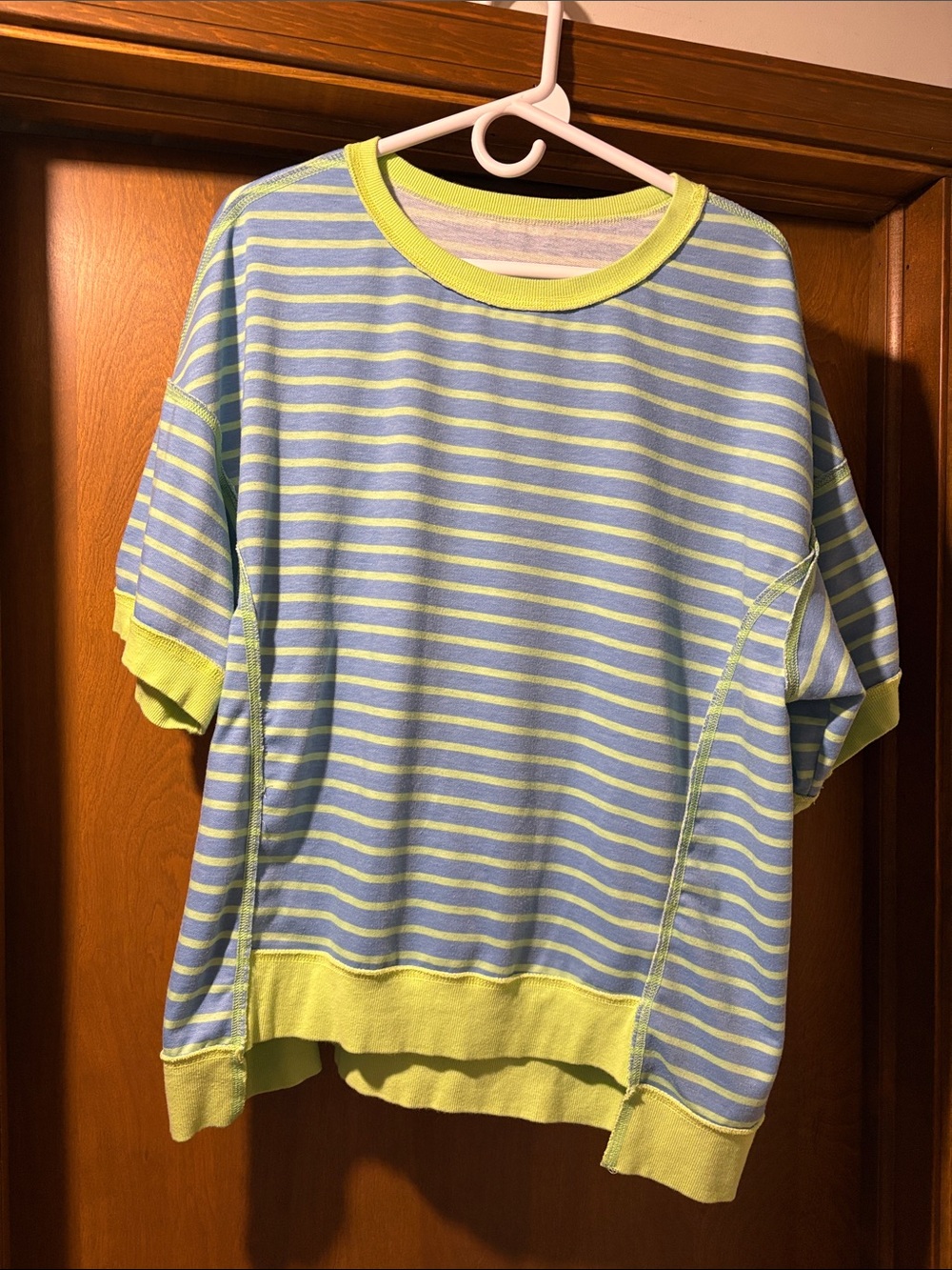 Womens Striped Short-Sleeve Pullover Top - Light Blue & Lime